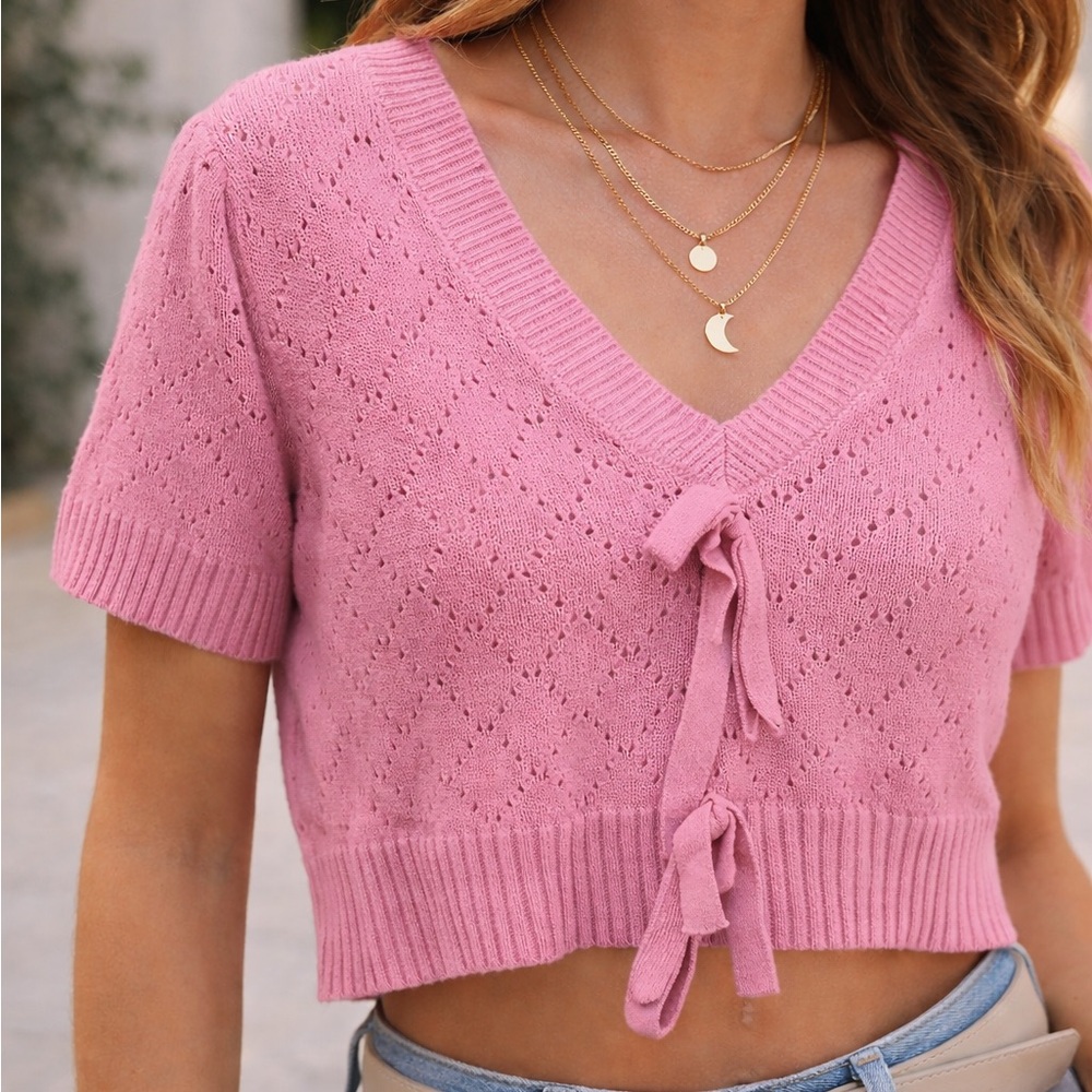 Day + Moon Pink Bow Tie Front Cropped Cardigan Coquette Knit Short Sleeve Size L - Picture 3 of 6